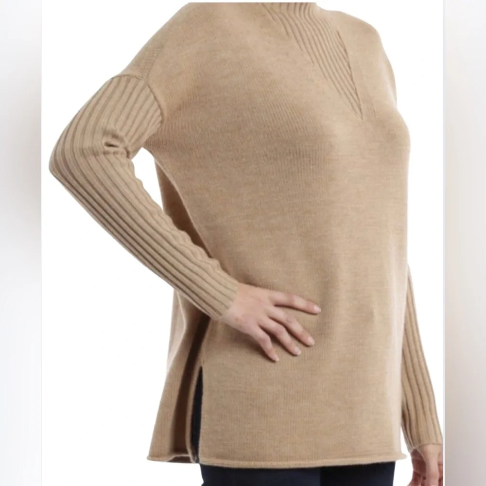 Tory Burch - Mock Neck Merino Wool Oversized Tan Sweater- Size Medium - Picture 4 of 9